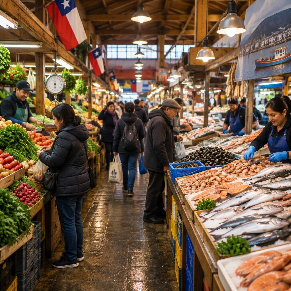 Vendors and stalls inside a traditional Chilean central market