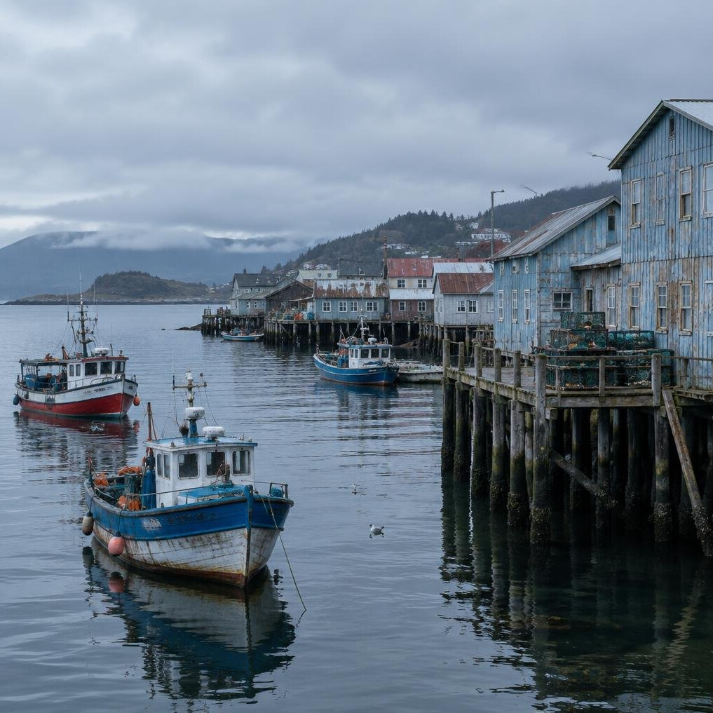Old port town with weathered buildings near the sea in Chile