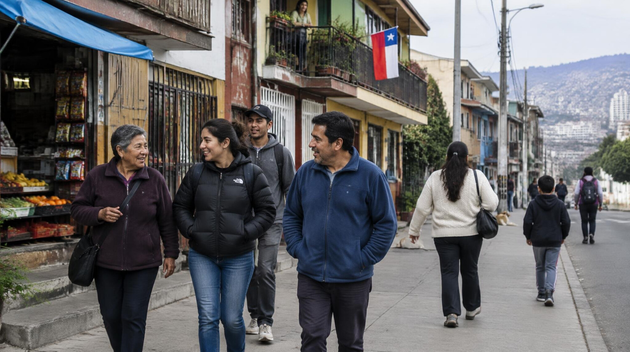 Daily street life scene with people walking in a Chilean neighborhood